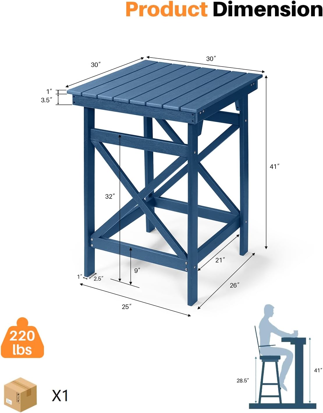 HDPE Outdoor Bar Table, 41" Adirondack Outdoor Bar Height Table, All Weather HDPE High Top Pub Table, Square HDPE Patio Bar Tables for Balcony, Deck, Backyard, Poolside, Navy