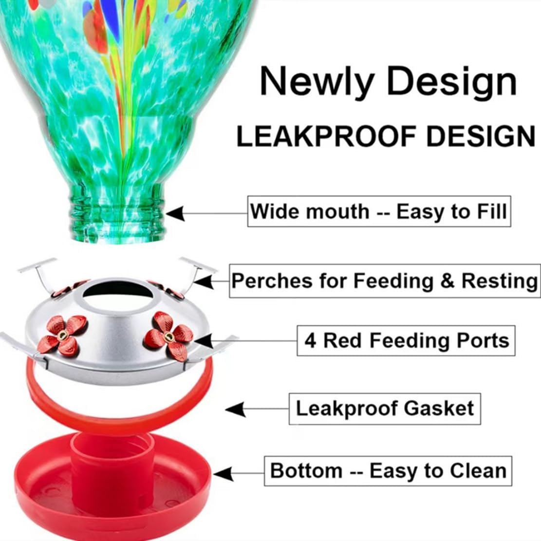 WOSIBO Hummingbird Feeder for Outdoors Patio Large 32 Ounces Colorful Hand Blown Glass Hummingbird Feeder with Ant Moat Hanging Hook, Rope, Brush and Service Card (Green)