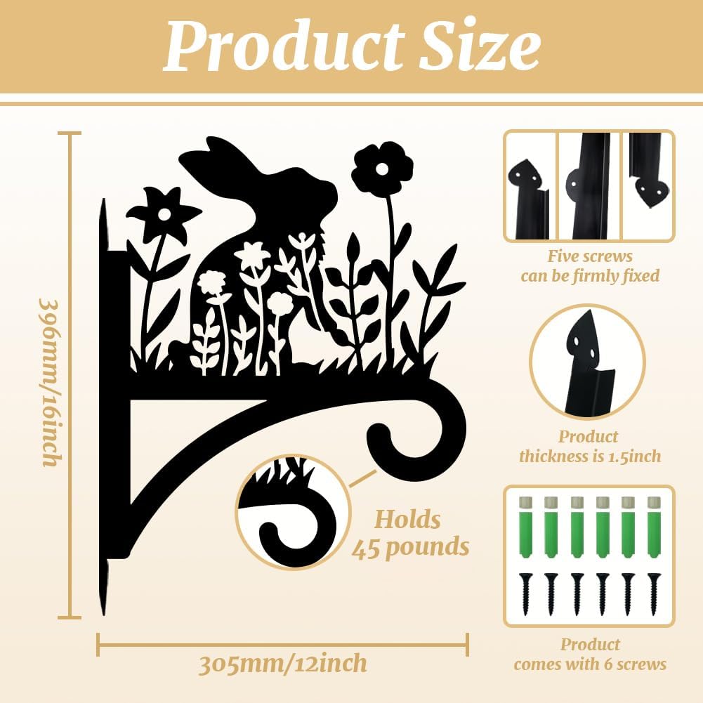 Peacoblue Iron Plant Hangers Hooks for Outdoor Indoor Hanging Plants Flower Fern Pots, Lantern, Bird Feeder, Wind Chimes, 12”x14” Weather Resistant Metal Wall Holder for Porch Garden Farmhouse(Rabbit)