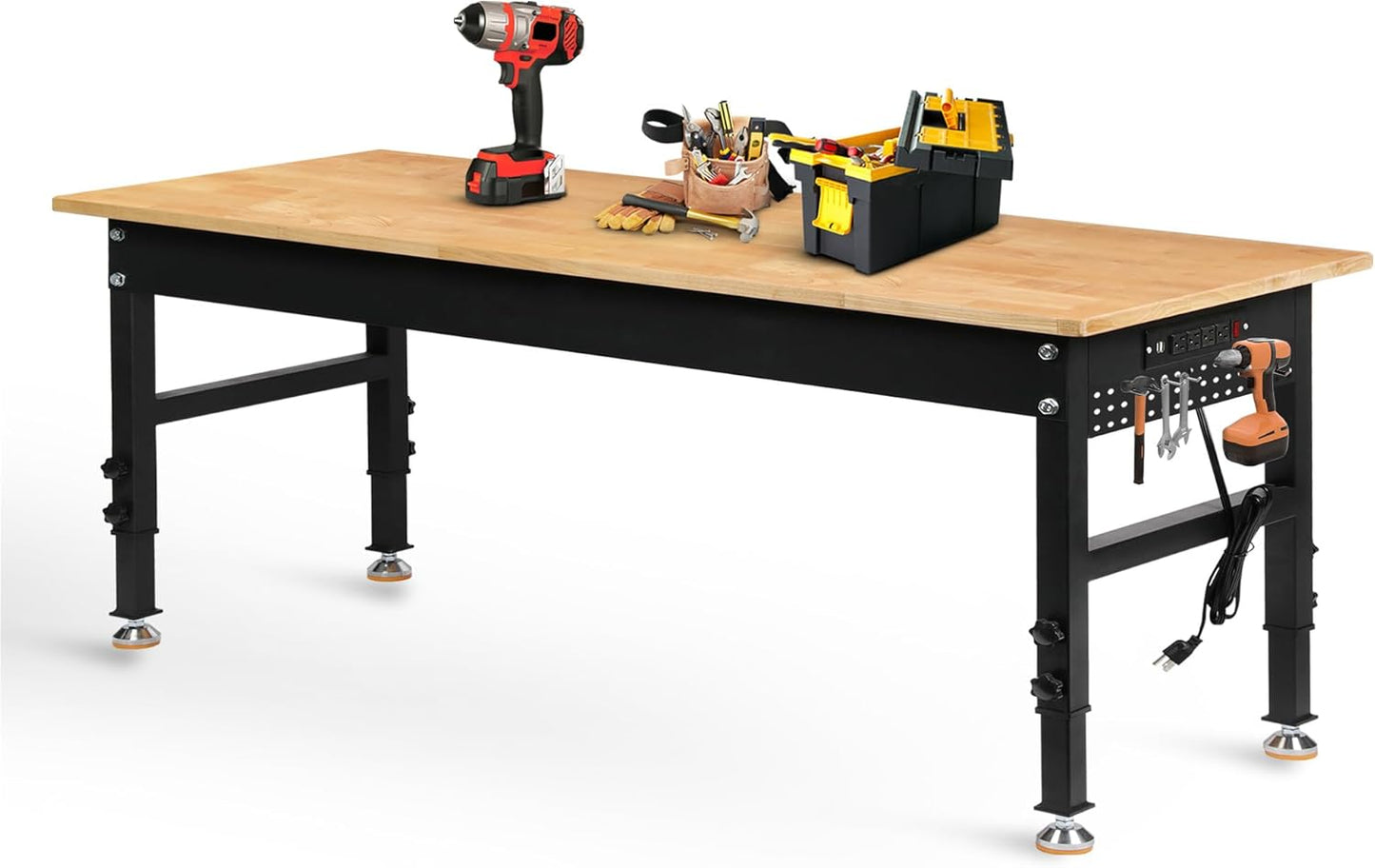 70" Adjustable Height Workbench, 2000 LBS Heavy Duty Work Table with Power Outlets & Pegboard, Rubber Wood Workstation for Garage, Workshop, Office, Home, Commercial