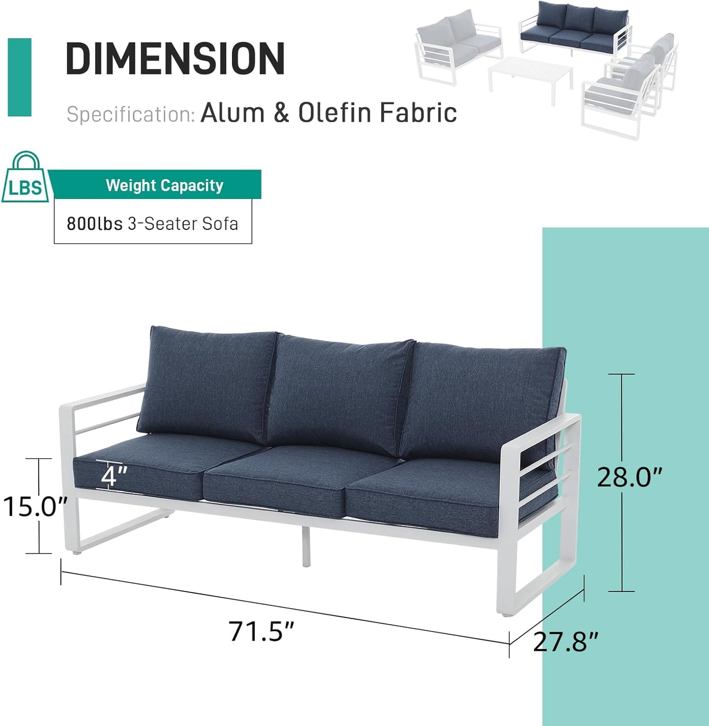 Patiorama Aluminum Patio Furniture Set, Outdoor Patio Loveseat, 2 Seat Sofa Couch, All Weather White Metal Chair with Olefin Cushion, Deep Seating, 600 lbs Capacity, Deck, Garden-Blue Cushion