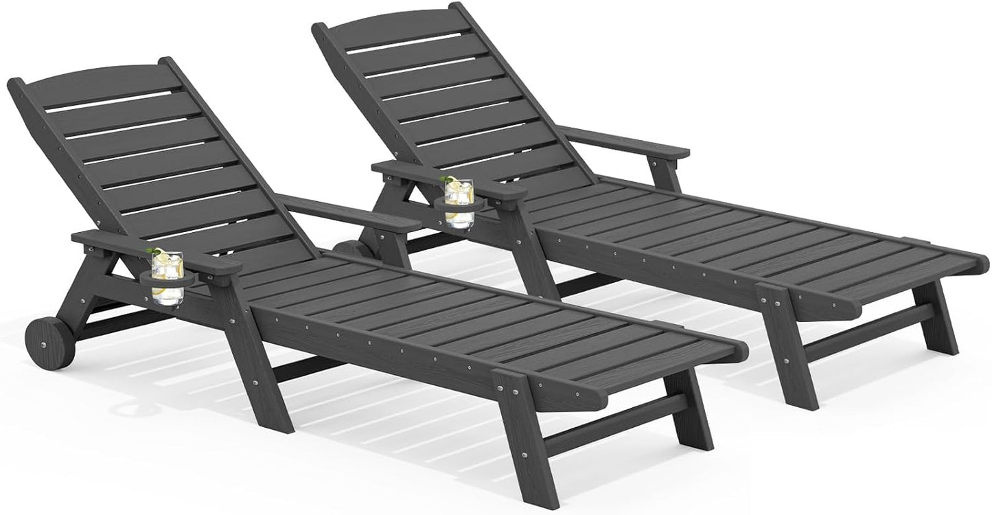 SERWALL Patio Chaise Lounge Chair Set of 2, 78'' Long 5-Positions Adjustable HDPE Outdoor Lounge Chair for Pool, Poly Lounge Chair with Rolling Wheels & Cup Holder for Poolside, Deck, Slate Gray