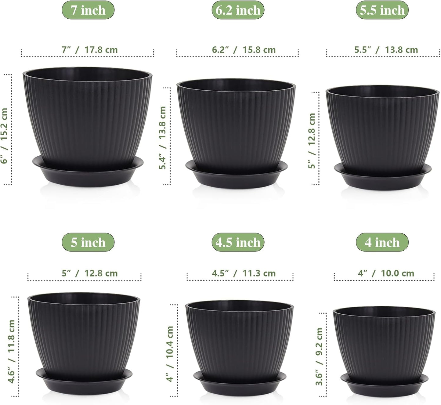 7/6.2/5.5/5/4.5/4 inch Flower Pots, 6 Pack Plant Pots for Small Indoor Outdoor Plants, Plastic Planters with Drainage Holes and Saucers for Garden Succulent House Plants, Black