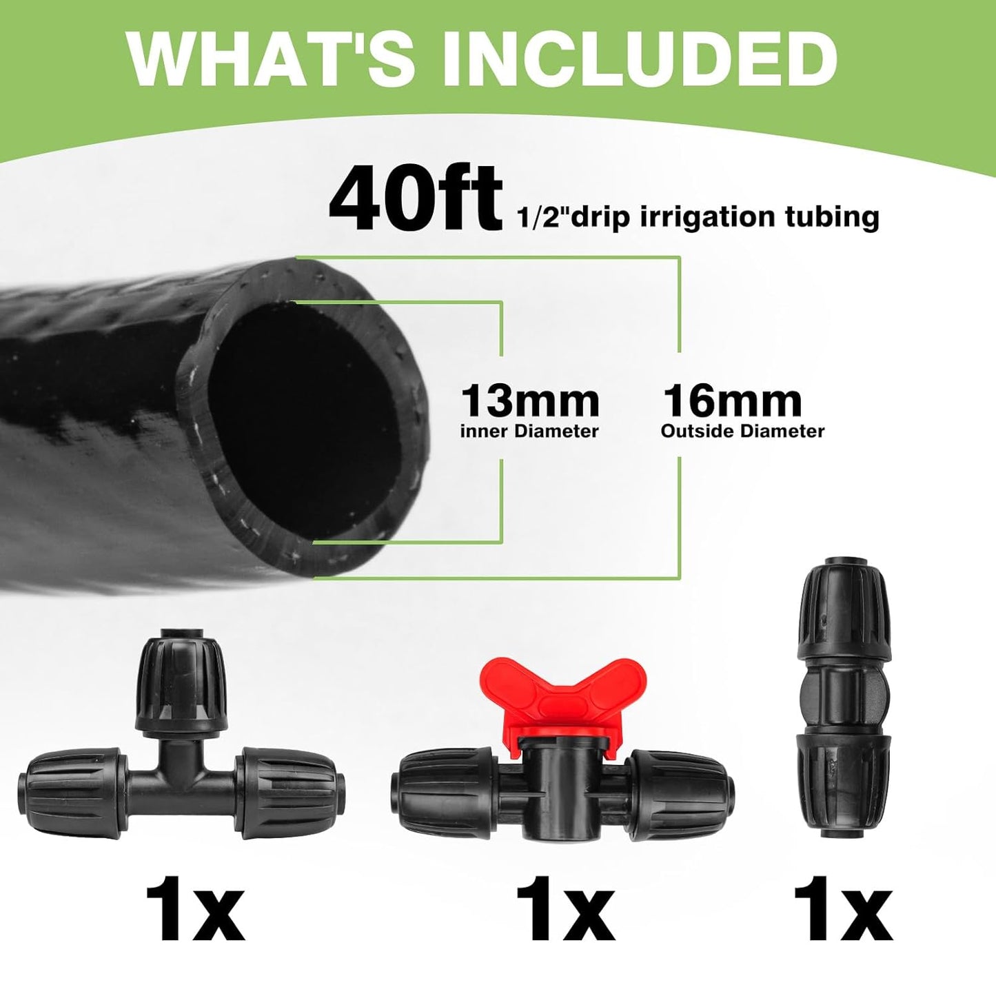 40 FT 1/2 inch Drip Irrigation Irrigation kit Main Line Supply Hose Tube for Garden Irrigation System (Includes 1/2"" Straight Connector, 3-Way Connector, Switch Valve), Black