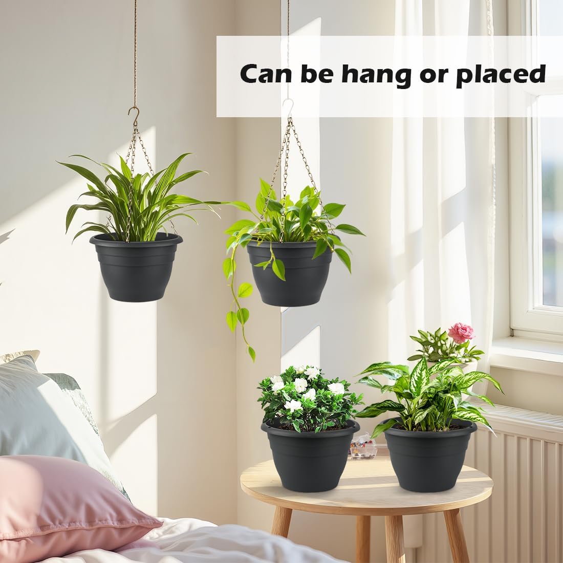 Hanging Planters 10 Inch, 4 Pcs Flower Pots with Drainage Hole, Self Watering Hanging Basket for Indoor Outdoor Plants, Decor, Gray