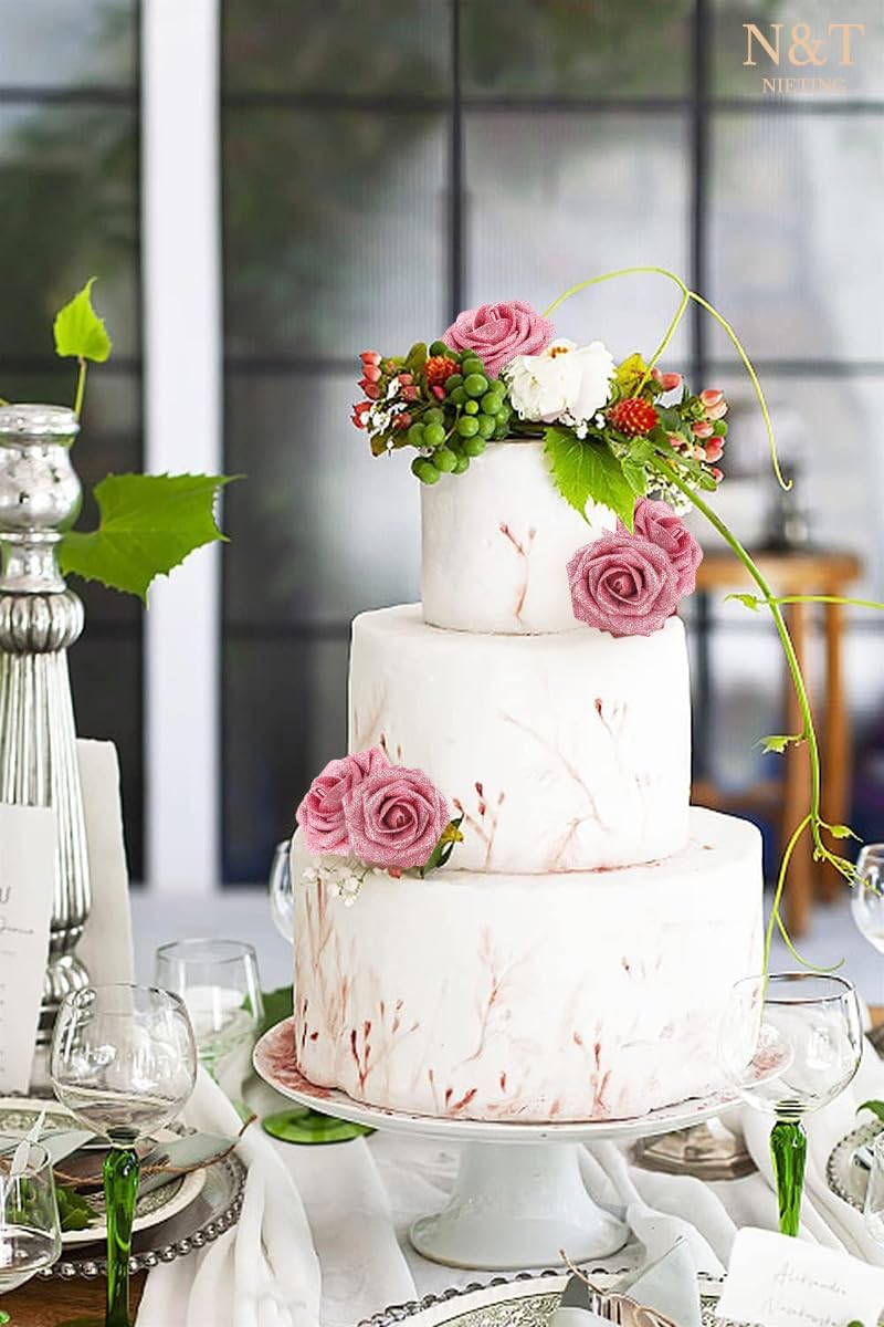 N&T NIETING Artificial Flowers Glowing Dark Pink Flowers Foam 25pcs Glitter Roses Real Looking Fake Roses with Stem for DIY Wedding Bouquets Centerpieces Bridal Shower Party Home Decorations