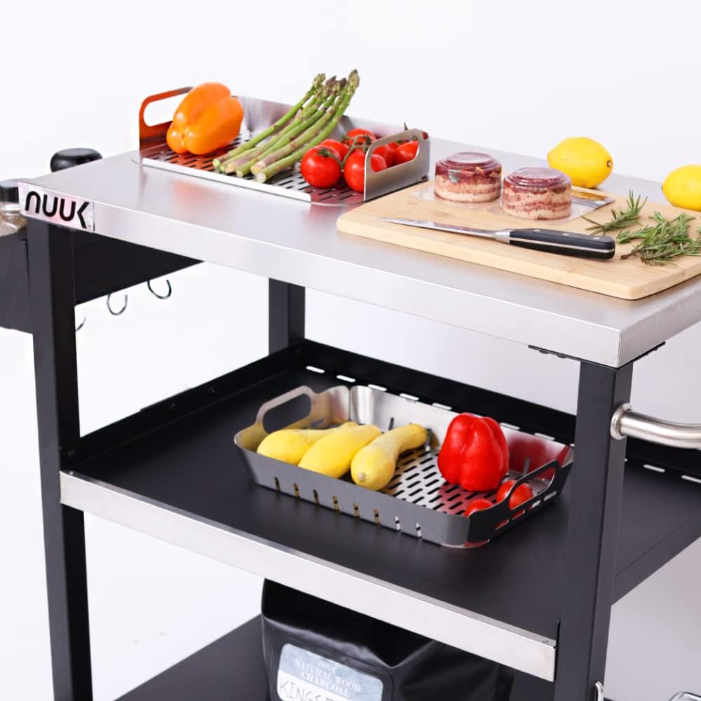 NUUK Three-Shelf Movable Outdoor Dining Cart Table, 20" x 32" NSF Stainless Steel Commercial Multifunctional Heavy Duty Kitchen Food Prep Worktable on Wheels