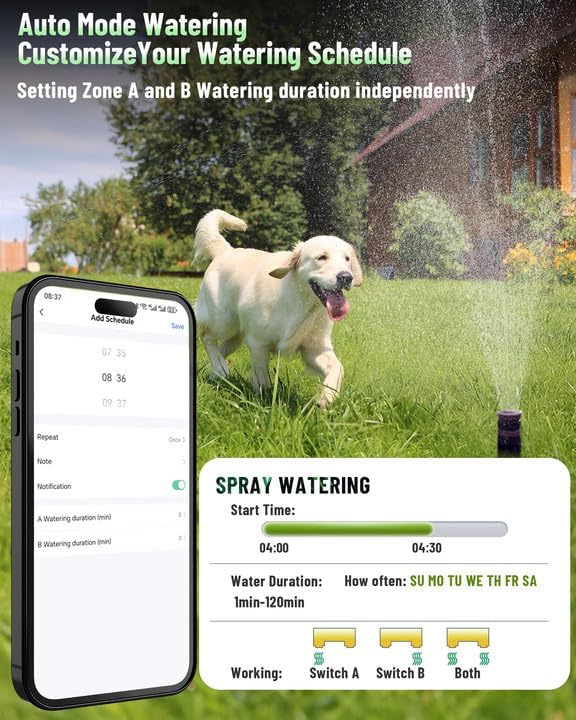 Smart WiFi Water Timer 2 Zone No Need Gateway, Solar WiFi Sprinkler Valve Timer for Garden Hose APP & Remote Control Alexa & Google Voice Compatible,Rain Delay, Manual Mode Sprinkler System