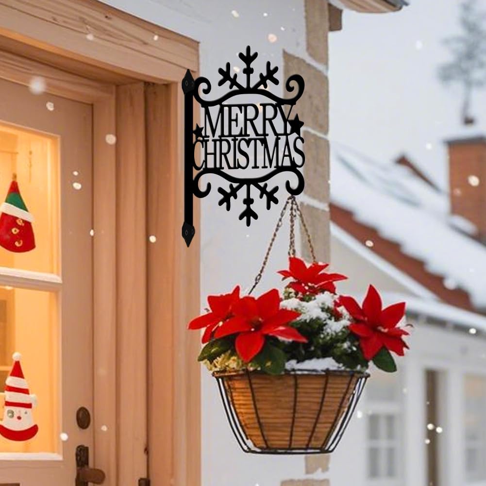 peacoblue Iron Plant Hangers Hooks for Outdoor Indoor Hanging Plants Flower Fern Pots Lantern Bird Feeder,11.5"x14.3" Weather Resistant Metal Wall Holder for Porch Garden Farmhouse(Merry Christmas)