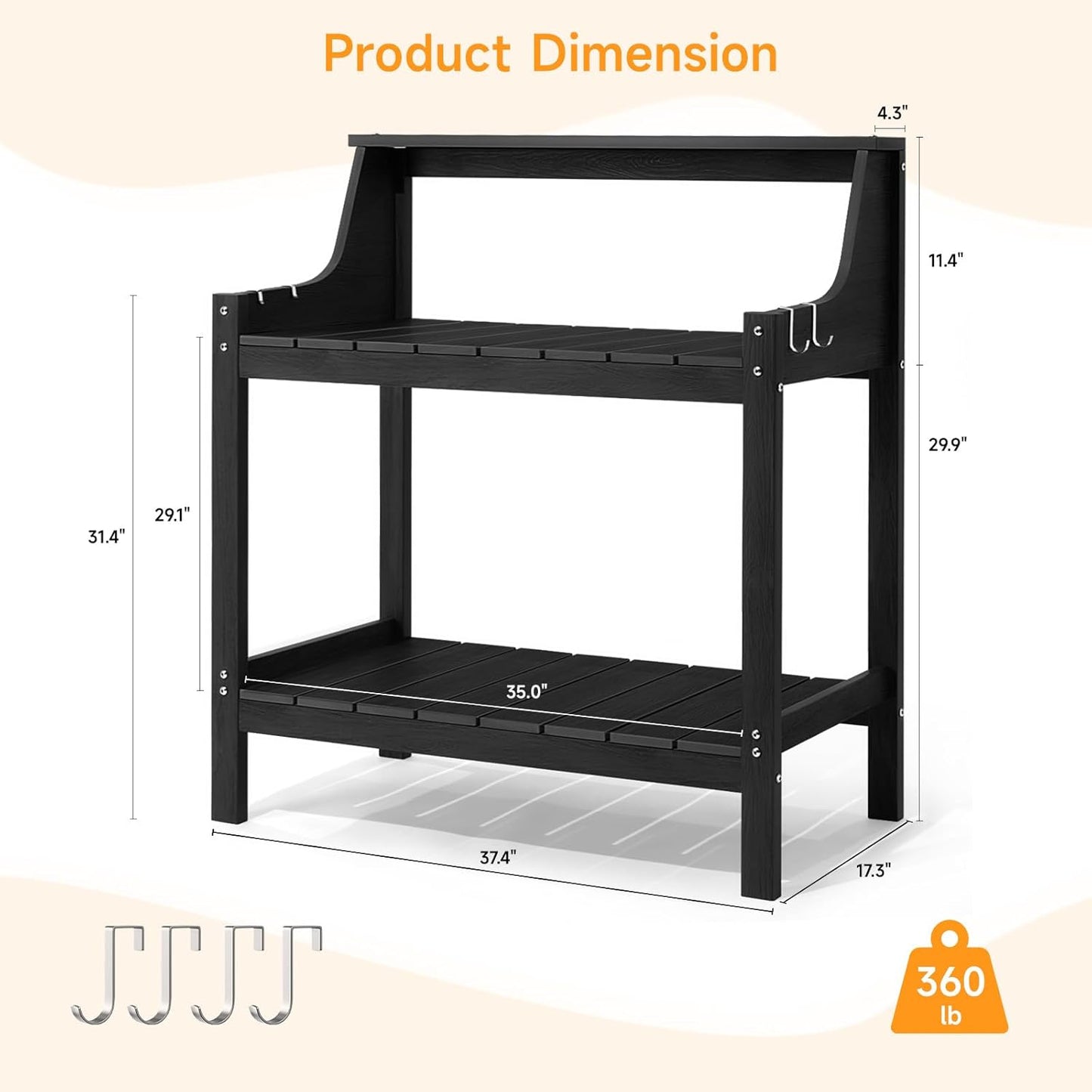 Potting Bench Table, HDPS Potting Bench with 4 Side Hooks, All-Weather Garden Table Work Station, Outdoor Potting Table for Porch, No Rust, No Fade, No Break, 360lbs Capacity (Black, Large)