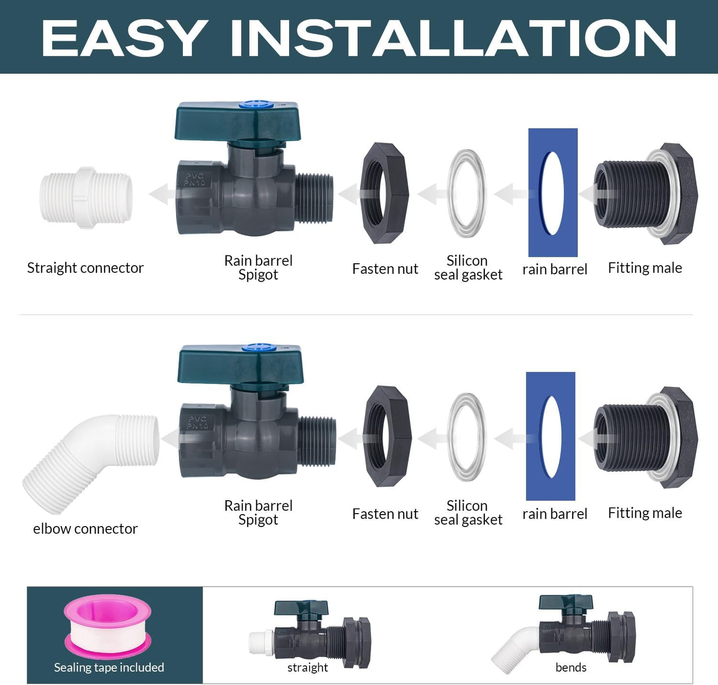 PVC Spigot Rain Barrel Faucet 3/4" PVC Bulkhead Fitting with Rain Barrel Valve＋3/4" Garden Hose Adapter Rain Barrel Spigot Kit with Bulkhead Fitting Adapter for Water Tanks