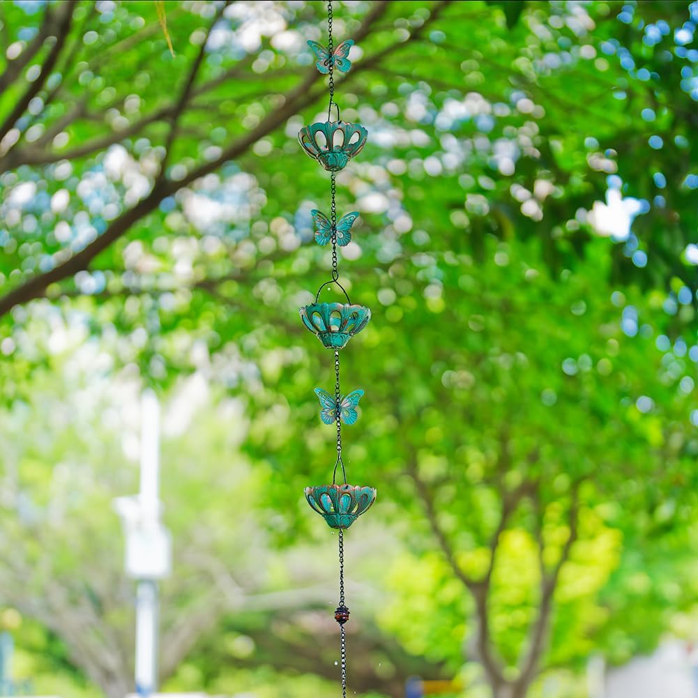 12FT Rain Chains for Outside, Metal Rain Chain with Butterfly Decor, Adjustable Rain Catcher Chain with Bell for Eaves Drainage, Replacement for Downspout (12 Cups)