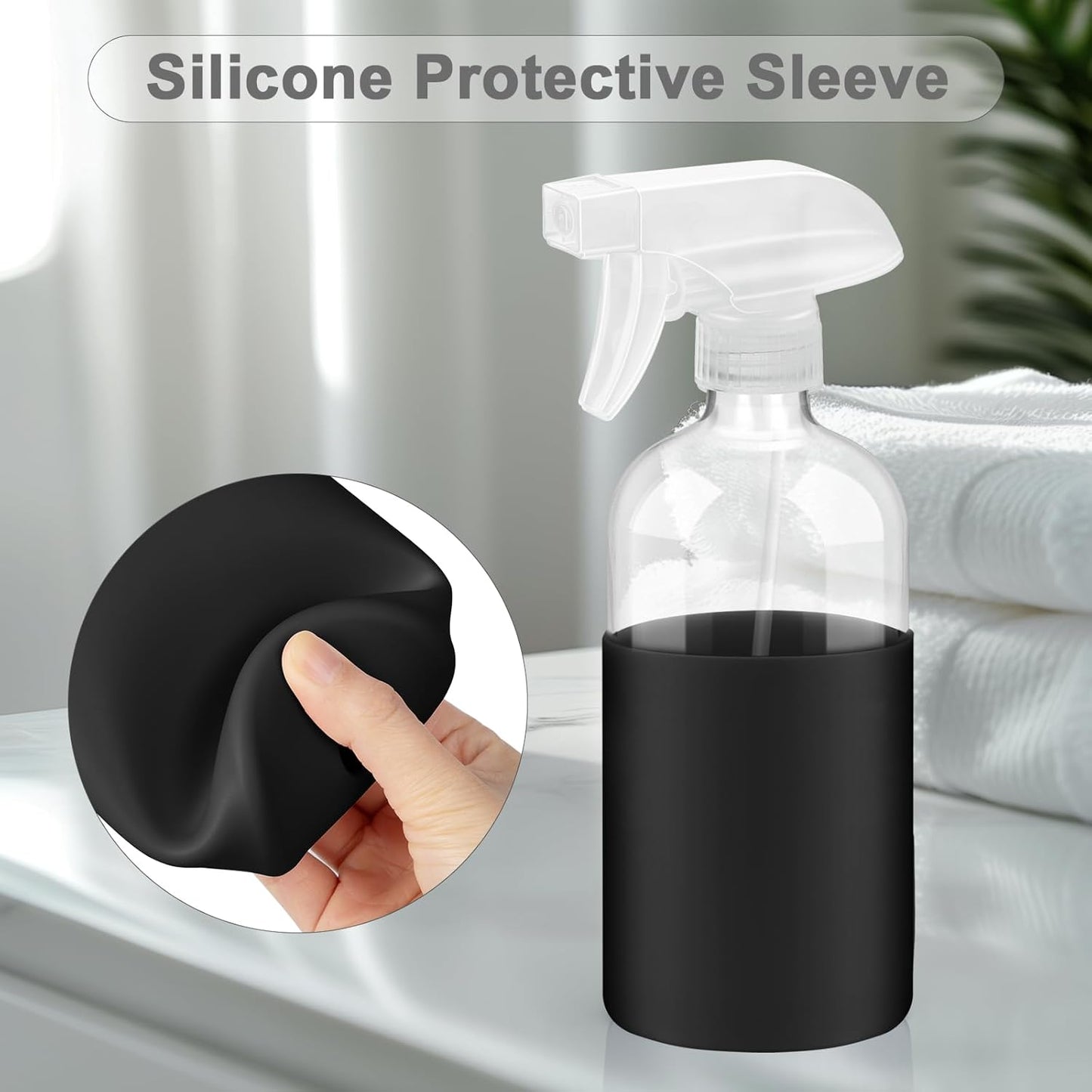 2 Pack Glass Spray Bottles with Long Silicone Sleeve, 16 oz Empty Refillable Containers with Adjustable Spray Nozzles, Spray Bottles for Hair, Cleaning Solutions and Plants khaki&Black