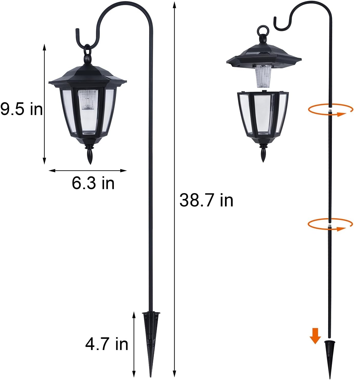 Dynaming 4 Pack Solar Hanging Lights Outdoor, Solar Powered Garden Decorative Lanterns with 4 x 38 Inch Shepherd Hooks, Waterproof Landscape Lighting for Lawn Patio Yard Pathway Driveway, Warm White