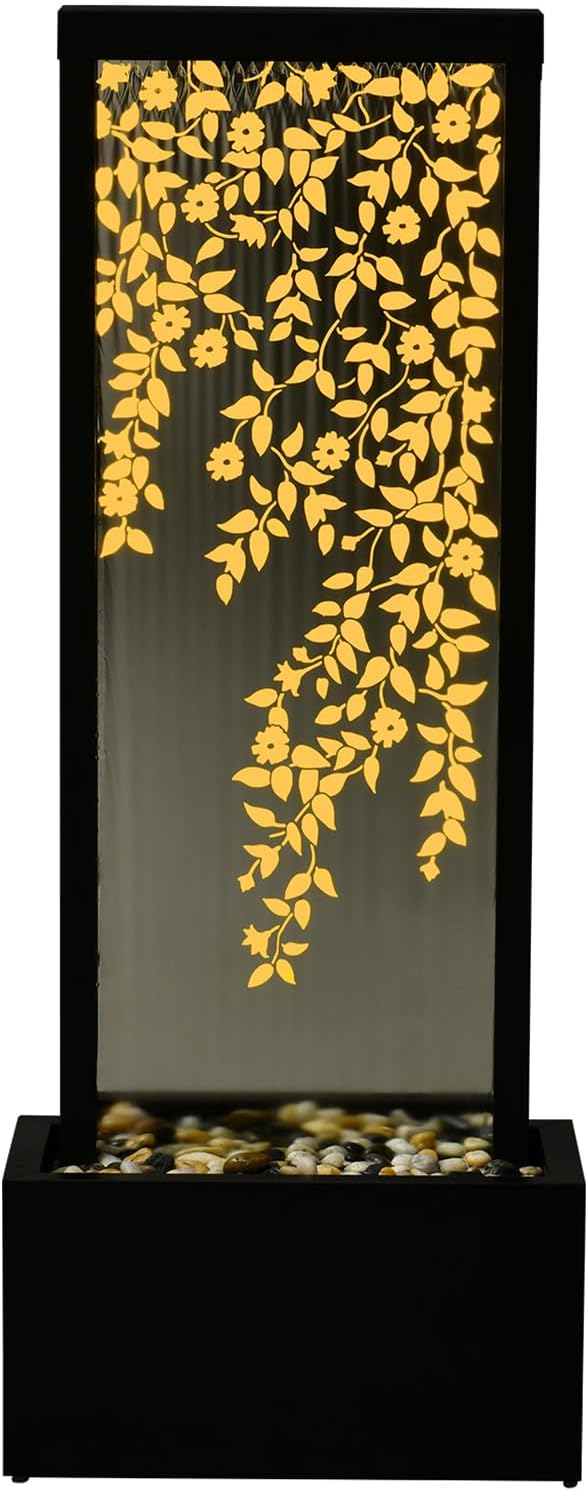 46" H Fountains Outdoor Indoor Tall Waterfall Fountain with LED Lights Large Modern Mirror Fountain for Garden,Patio,Backyard,Home,Black Silver Golden