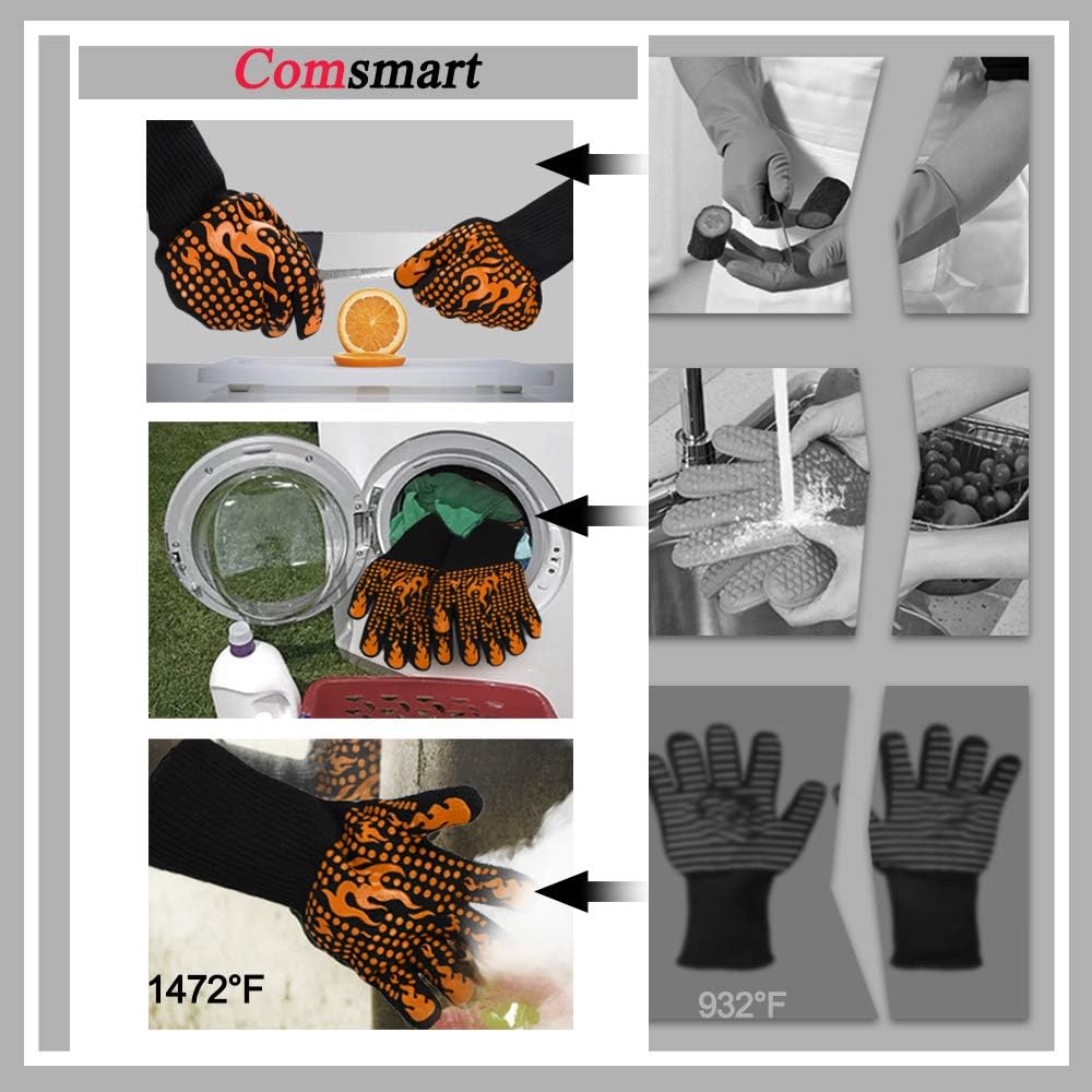 Comsmart BBQ Gloves, 1472 Degree F Heat Resistant Grilling Gloves Silicone Non-Slip Oven Gloves Long Kitchen Gloves for Barbecue, Cooking, Baking, Cutting
