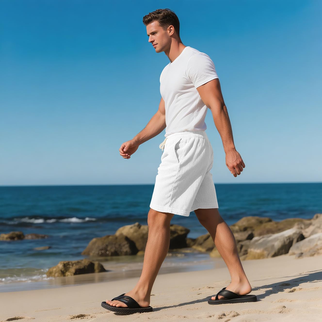 Mens Cargo Shorts Casual Drawstring Elastic Waist Corduroy Summer Beach Shorts with Pockets