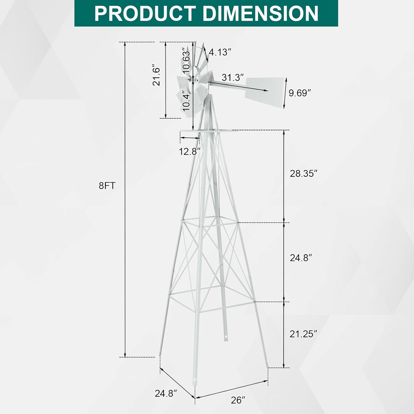 Garden Windmill for Yard Decor, 8 ft Tall Metal Windmill with Spinning Blades, Weather-Resistant Outdoor Windmill for Lawn, Farmhouse, Rustic & Farm Decor,White