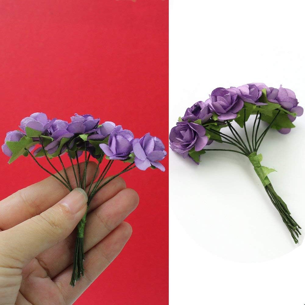 Mini Fake Rose Flower Heads 144pcs Mini Artificial Mulberry Paper Roses Flower with Wire Stem DIY Wedding Flowers Accessories Make Bridal Hair Clips Headbands Dress (Purple)