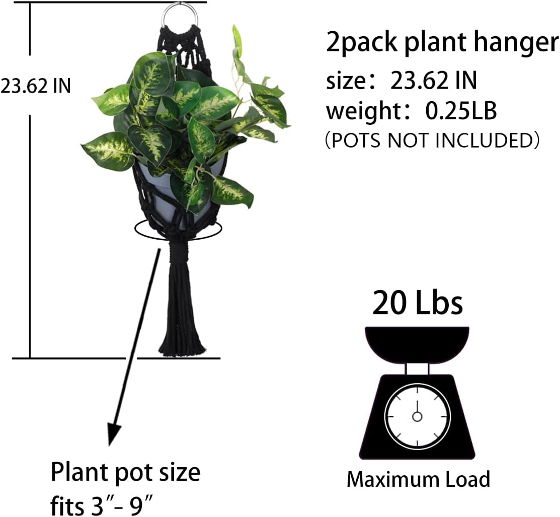 Artilady 2 Pack Black Macrame Plant Hanger Indoor - Large Hanging Planters for Wall Plants Holder Short Hademade Boho Farmhouse Rustic Home Decor