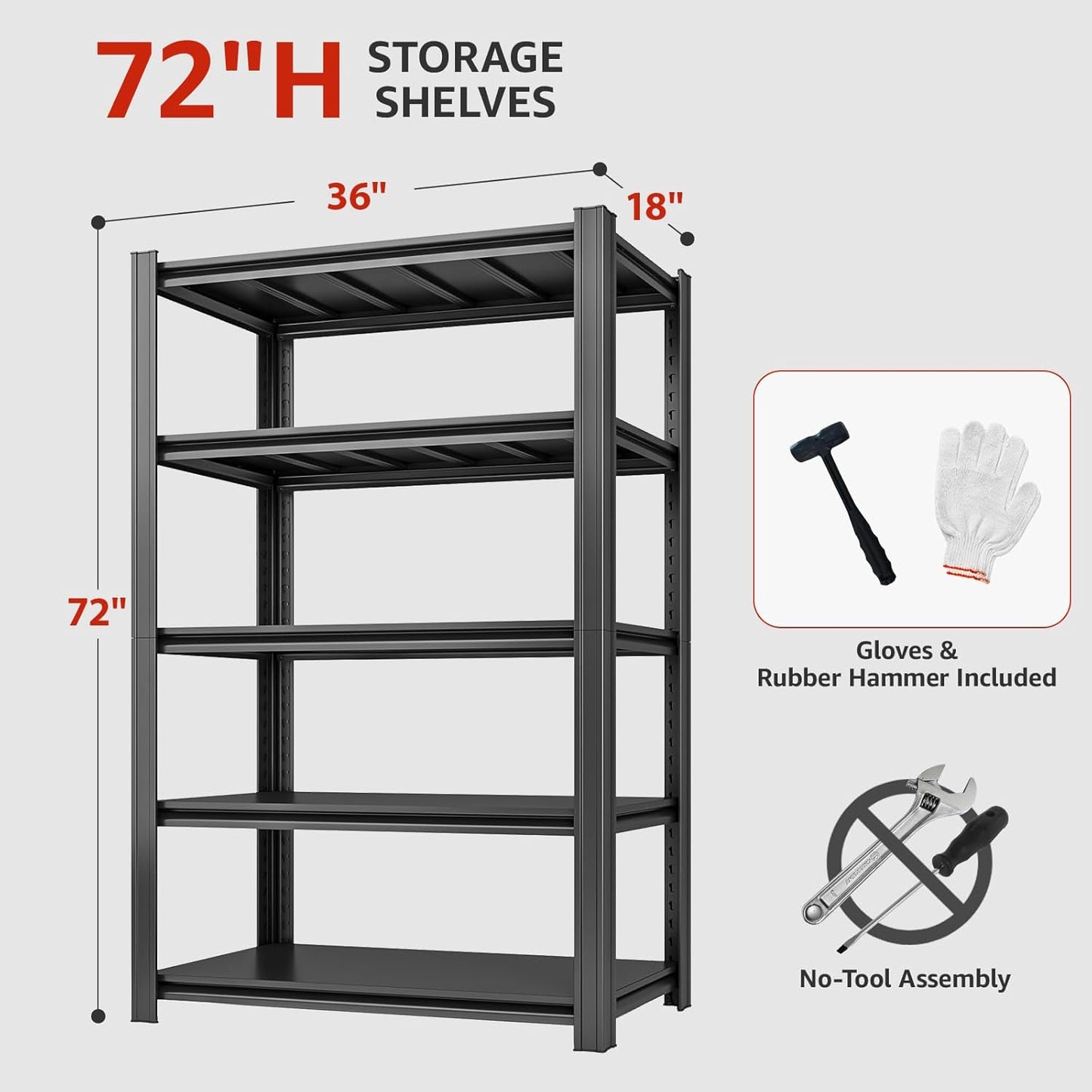 5 Tier Metal Shelving Unit, 72" H x 35.5" W Adjustable Storage Shelves, Heavy Duty Garage Shelves for Warehouse, Basement, Kitchen, Pantry, Living Room, 2500LBS, Black, 15.75" D