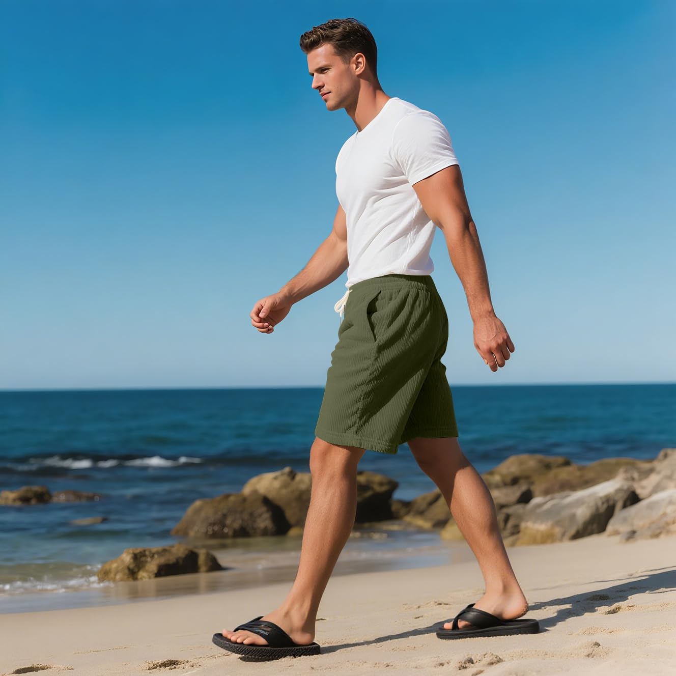 Mens Cargo Shorts Casual Drawstring Elastic Waist Corduroy Summer Beach Shorts with Pockets