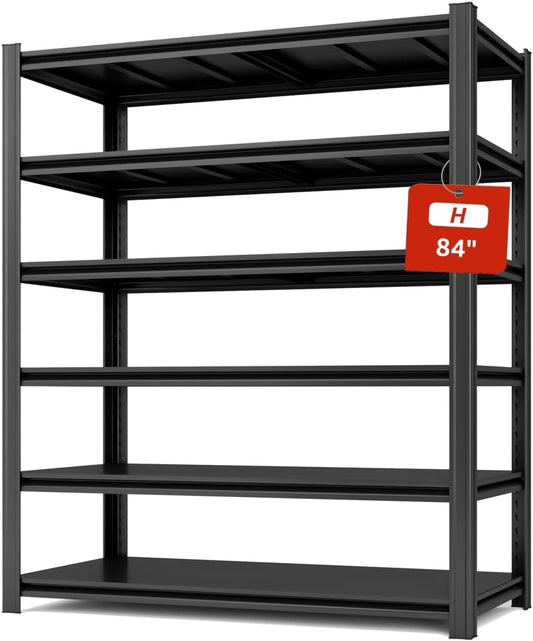 6 Tier Metal Shelving Unit 84" H x 55.12" W x 24" D, 3600LBS Adjustable Storage Shelves, Heavy Duty Garage Shelves for Warehouse, Basement, Kitchen, Pantry, Living Room, Black