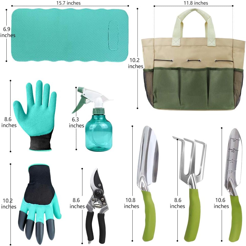 Garden Tools Set with 3 Pcs Aluminum Gardening Tools, 1 Pc Pruning Shear, 1 Pc Mister Spray Bottle, 1 Pc Foam Kneeler，1 Pair Garden Gloves with Claws and 1 Pc Gardener Bag, Gifts for Mom Dad