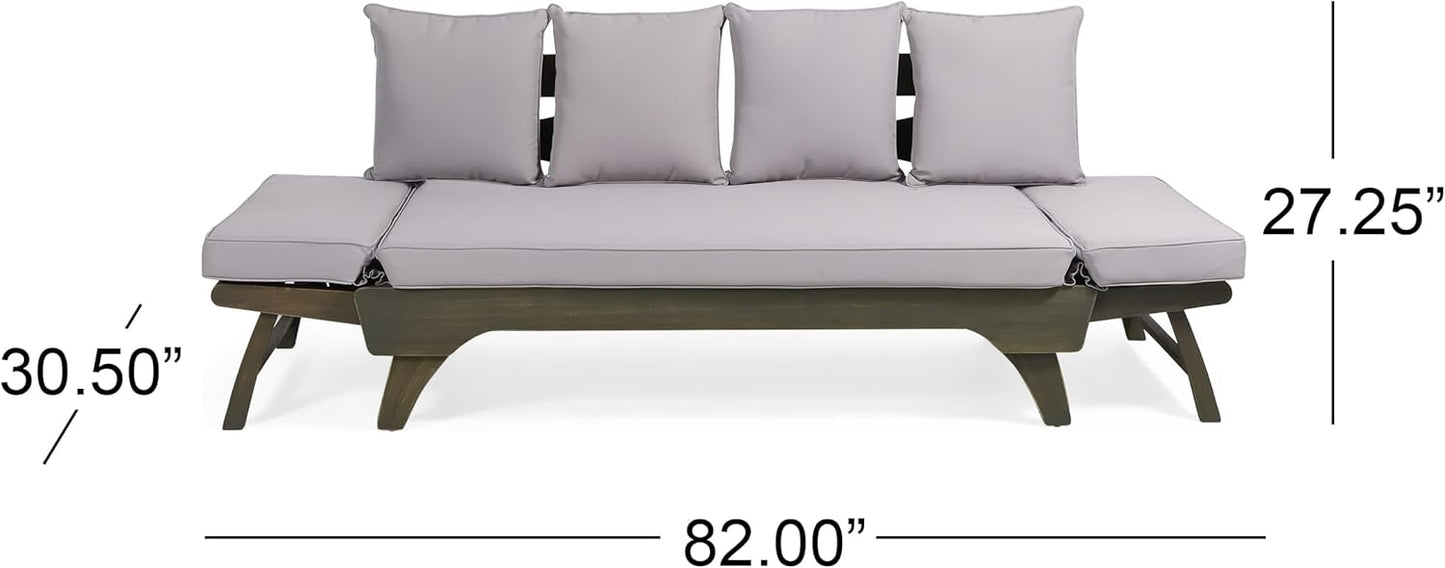 Outdoor Adjustable Patio Wooden Serene Daybed Sofa Chaise Lounge with Cushions for Small Places, Sleeper Chair with Armrest for Backyard, Poolside (Grey)