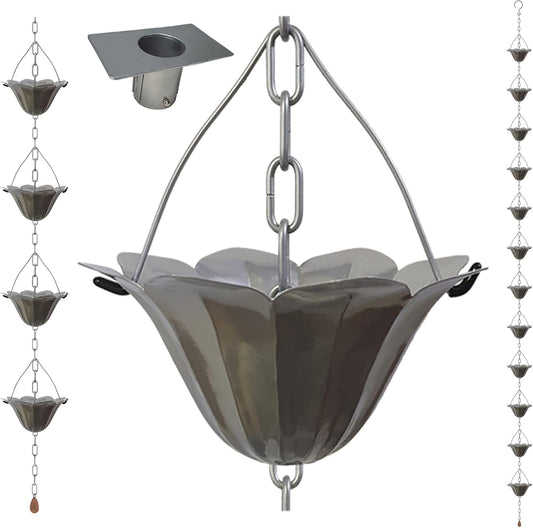 8.5FT Lotus Silver Color Iron Rain Chains for Gutter and Rain Barrel, Rust-Resistant Plated Garden Décor Rain Chain for Downspout, Bonus Rain Chain Gutter Adapter