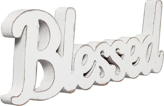 Rustic White Wooden Blessed Sign for Tabletop 15 Inch, Wall Hanging Farmhouse Blessed Signs for Home Decor, Handmade Thanksgiving Signs Decor, Christmas Signs for Living Room Entryway