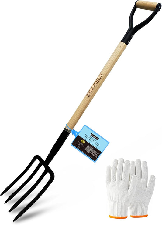 Garden Fork,4-Tine Pitchfork,Spading Digging Fork,Forged Steel Y-Grip, Wood Handle,45Inch