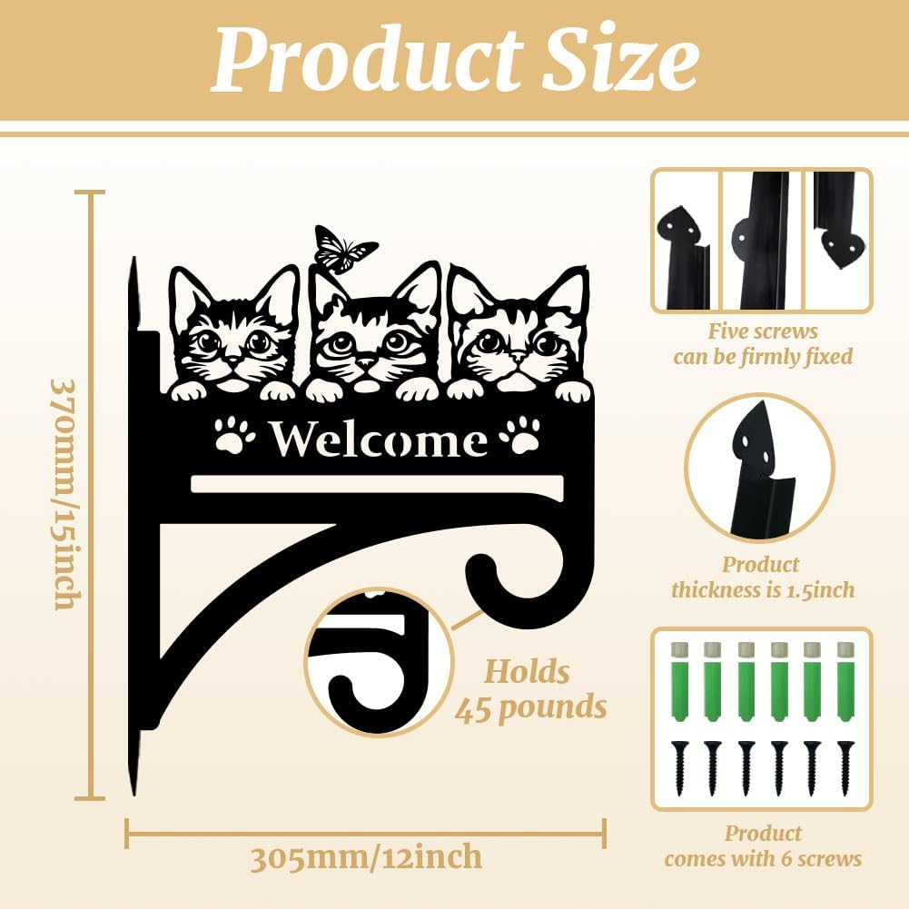 peacoblue Iron Plant Hangers Hooks Cat with Welcome for Outdoor Indoor Hanging Plants Flower Fern Pots Lantern Bird Feeder, 12"x15" Weather Resistant Metal Wall Holder for Porch Garden Farmhouse