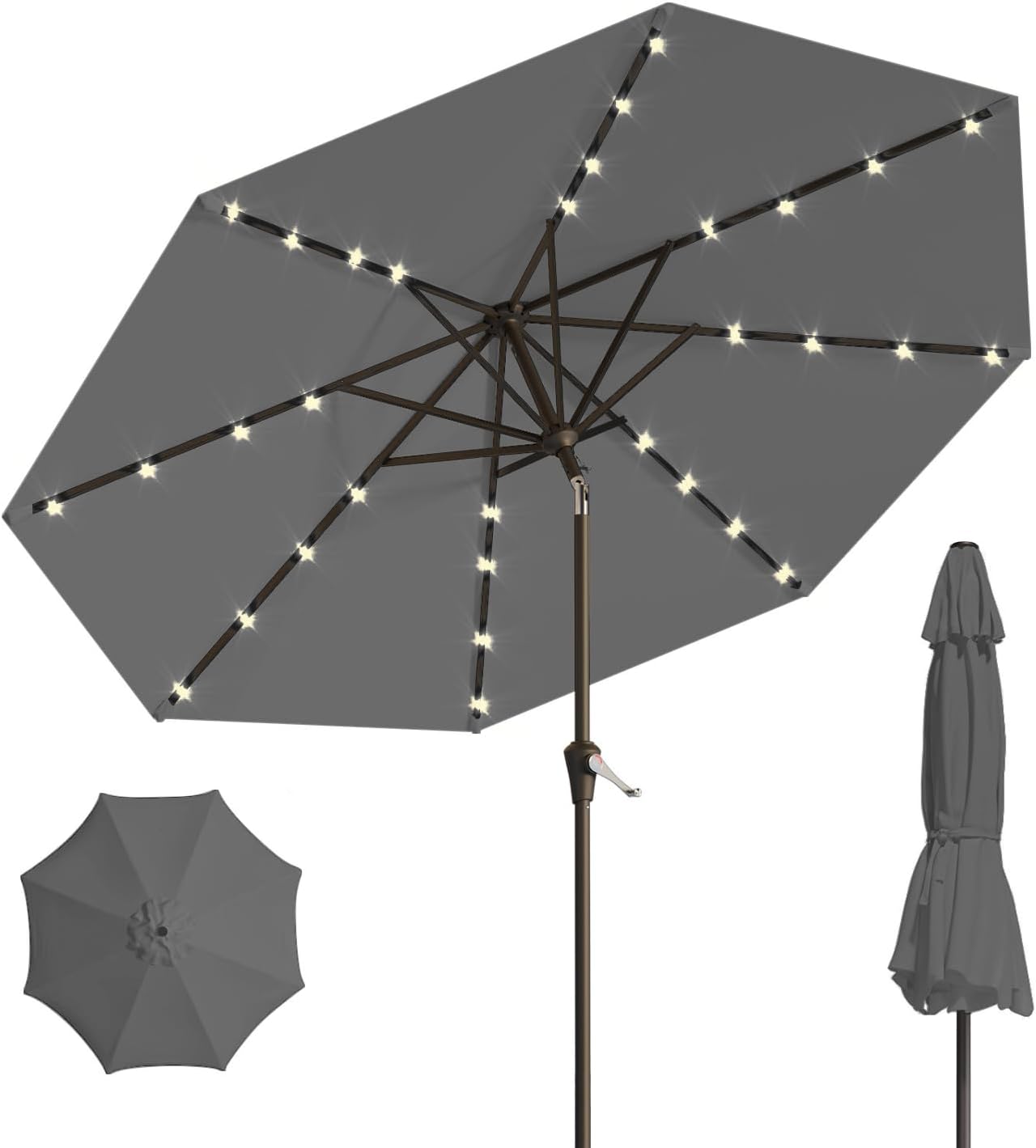 10FT Solar Umbrella 32 LED Lighted Patio Umbrella Table Market Umbrella w/Tilt and Crank, UV-Resistant Outdoor Umbrella for Pool, Garden, Deck, Gray