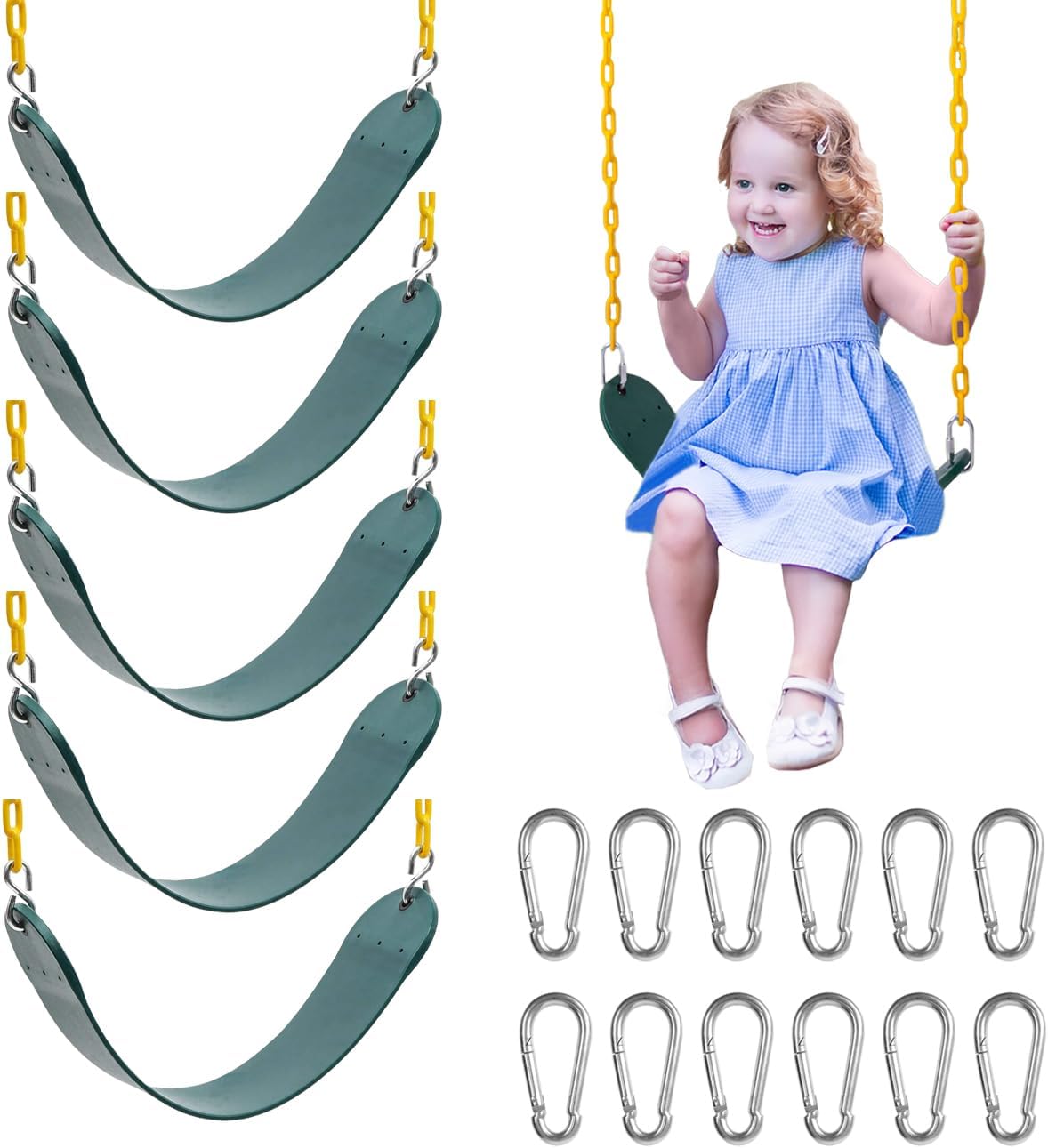 Sunnyglade 6 PCS Swings Seats Heavy Duty with 66" Chain, Playground Swing Set Accessories Replacement with Snap Hooks, Support 250lb (6, Green)