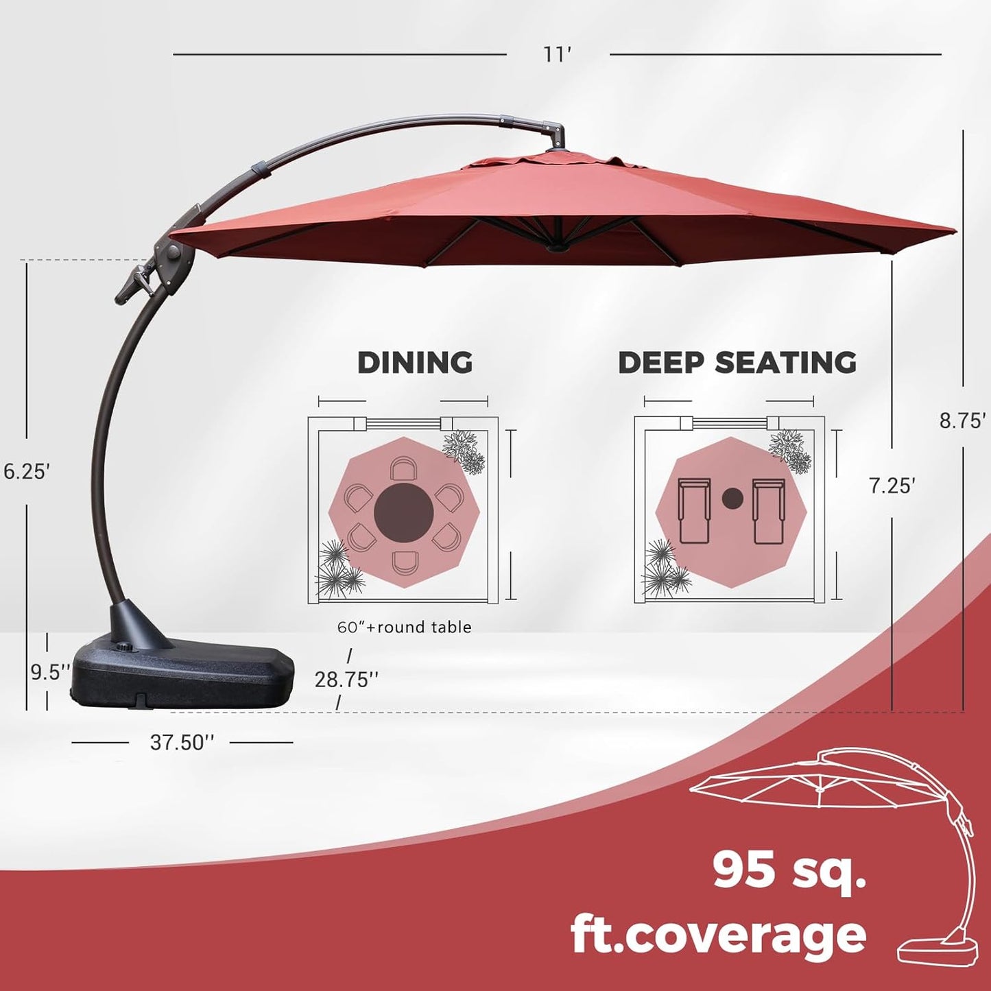 Grand patio 11FT Cantilever Umbrella with Base Outdoor Round Aluminum Offset Umbrella for Garden Backyard (Red, 11 FT)