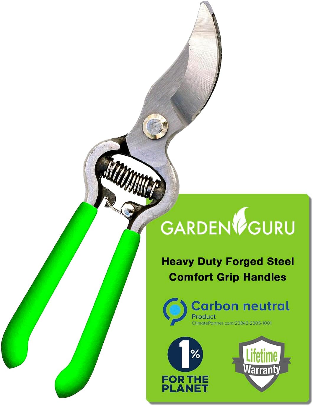 GARDEN GURU Classic Bypass Pruning Shears Clippers – Heavy Duty Forged Steel Garden Pruners – Safety Lock – Non Slip Comfort Grips – Cuts up to 1” Diameter – Professional Bypass Pruners for Gardening