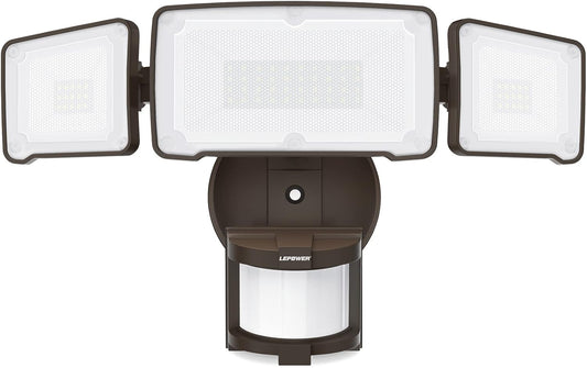 LEPOWER LED Security Light Motion Sensor Light Outdoor, 38W 4200LM Motion Security Light, 5500K, IP65 Waterproof, 3 Head Motion Detected Flood Light for Garage, Yard, Porch (Not Solar Powered, Brown)