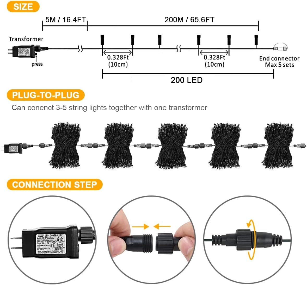 Weillsnow Orange Halloween Lights, 66FT Plug-in Waterproof String Lights, 8 Modes with Memory for Indoor/Outdoor Garden Decorations