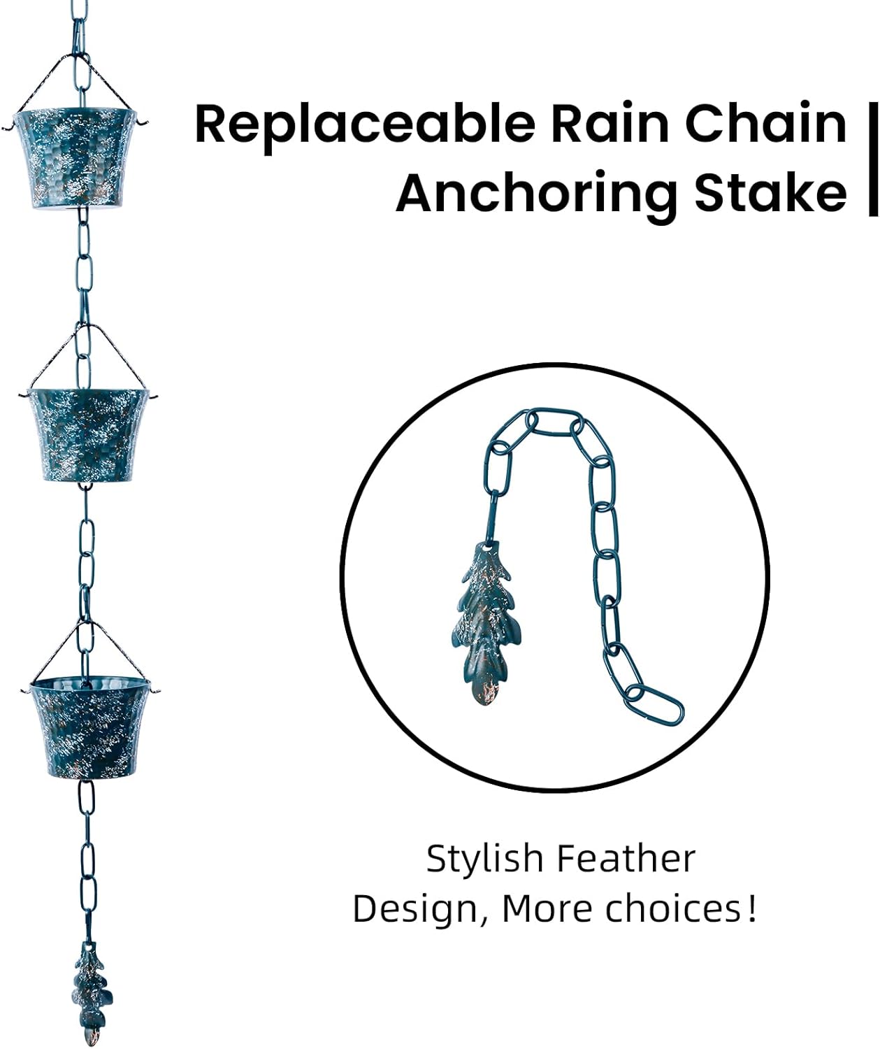 Rain Chain for Gutters with Adapter, Not RustWrought Iron Rain Chains Set 8.5 Ft, Gotta Drain with Anchoring Stake, 14 Cups, 1 Hook, Adjustable Gutter Downspout for Outdoor(Green)