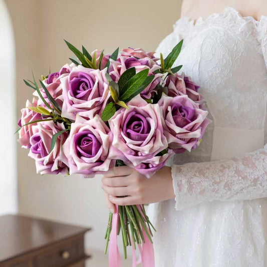 Fake Roses Faux Flowers Silk Roses Artificial Roses with Stems Realistic Artificial Flowers 12PCS Suitable for Indoor Home Decoration DIY Bouquet Wedding Decor Party Decor Purple,16.5In