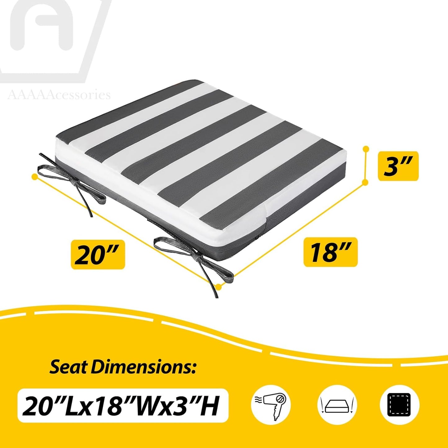 AAAAAcessories Outdoor Seat Cushions for Chairs, Waterproof, Fade-Resistant Patio Furniture Replacement Cushions, 20" x 18" x 3", Set of 2, Gray Cabana Stripe