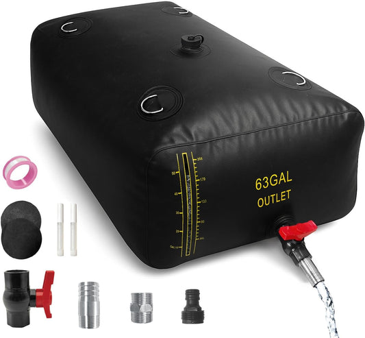 240L/63 Gal Water Bladder with Water Level Indicator, PVC Foldable and Portable Water Tank with 3 Connectors and Overflow Kit, Ideal for RV, Camping, Rainwater Collecting,Planting Watering