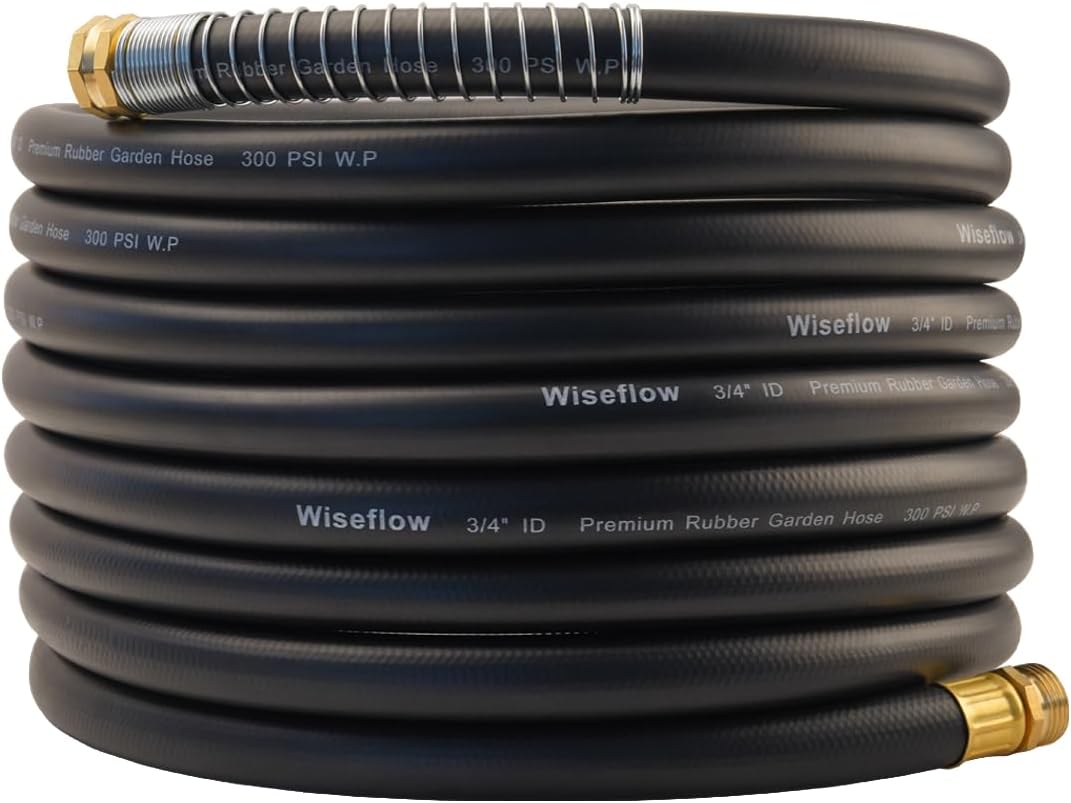 WiseFlow Garden Hose 25FT x 3/4", Heavy Duty Rubber Hose, 1000PSI Burst, 300PSI Working, Water Hose with Five Layered Braiding, Male Female Fittings (Black)