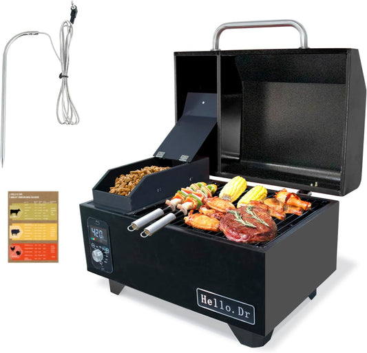 Pellet Grill, Portable Pellet Smoker, Smoker Grill with Digital Control, LED Screen, Meat Probe, Portable pellet Grills for BBQ, Smoke, Bake and Roast, RV Camping，Black