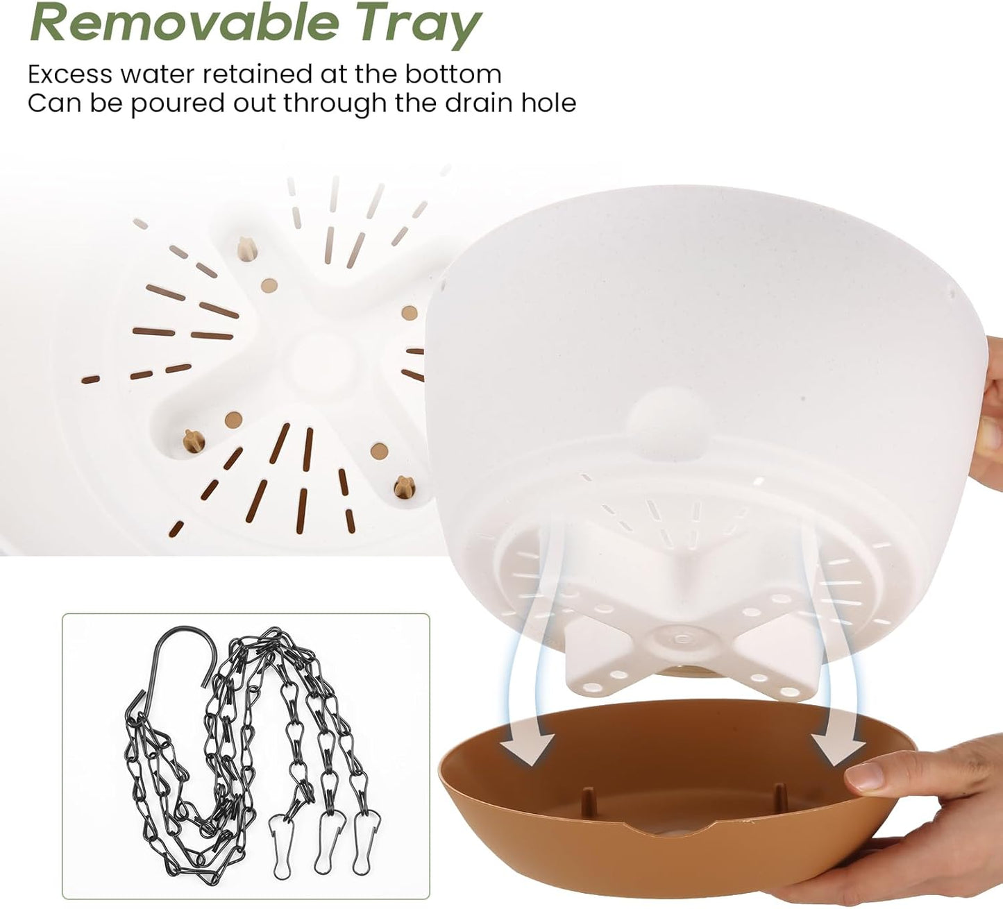 12/10/8 Inch Hanging Planter, Hanging Plastic Plant Self Watering Pot with Drainage Holes and Saucers, Hanging Baskets Flower Pots for Indoor Outdoor Garden Plants and Flowers,Set of 3-White