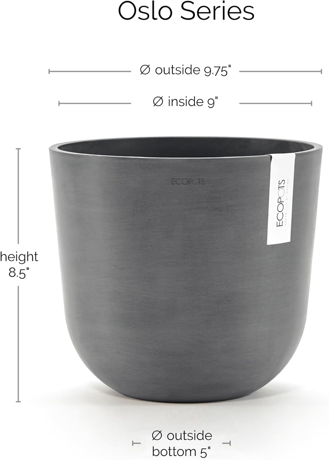 Ecopots Oslo Durable Modern Round Indoor/Outdoor Recycled-Based Composite Flower Pot Planter, Grey, 10"