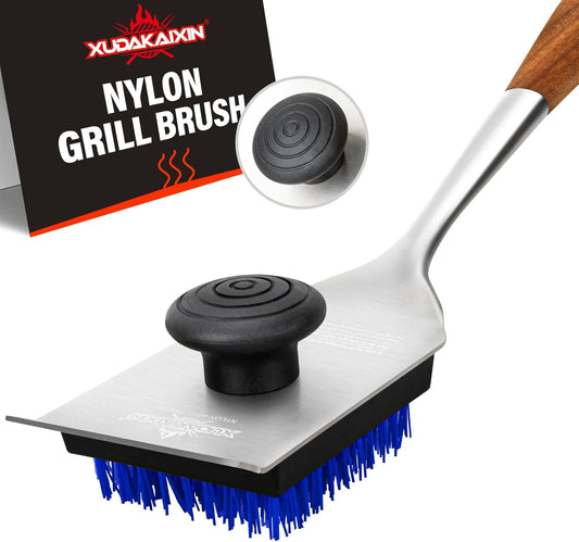 Grill Brush and Scraper, Dual Grip Design,Extra Strong BBQ Cleaner Accessories,Safe Nylon Bristles Barbecue Triple Scrubbers Cleaning Brush for Cast Iron Grates/Porcelain/Charcoal Grill