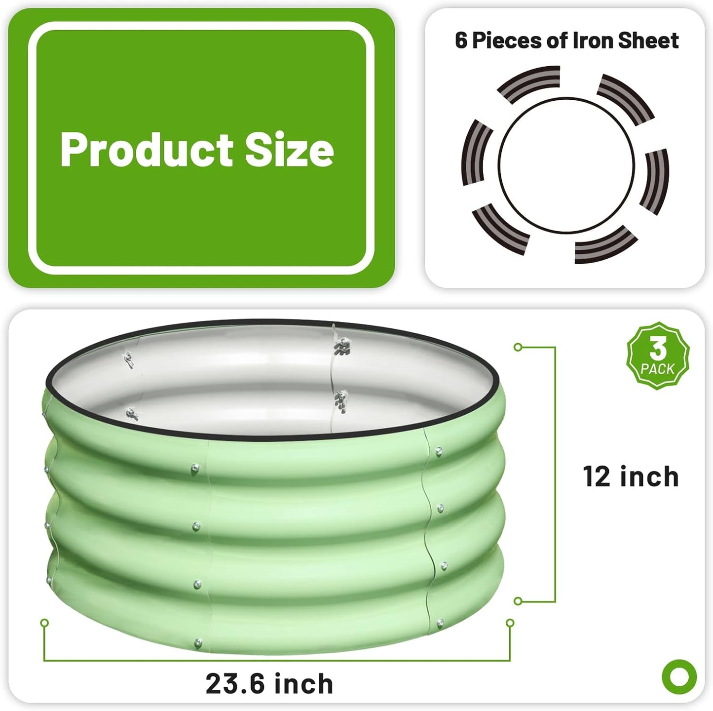 SnugNiture 3 Pcs 2x2x1ft Round Galvanized Raised Garden Bed Kit Outdoor, Metal Planter Box for Planting Plants Vegetables, Green
