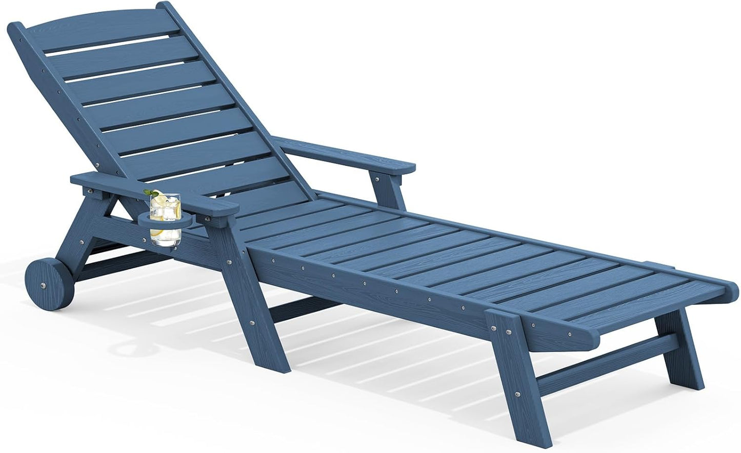 SERWALL Patio Chaise Lounge Chair, 78'' Long HDPE 5 Positions Adjustable Outdoor Lounger, Poly Lounge Chair with Rolling Wheels & Cup Holder for Pool, Navy Blue